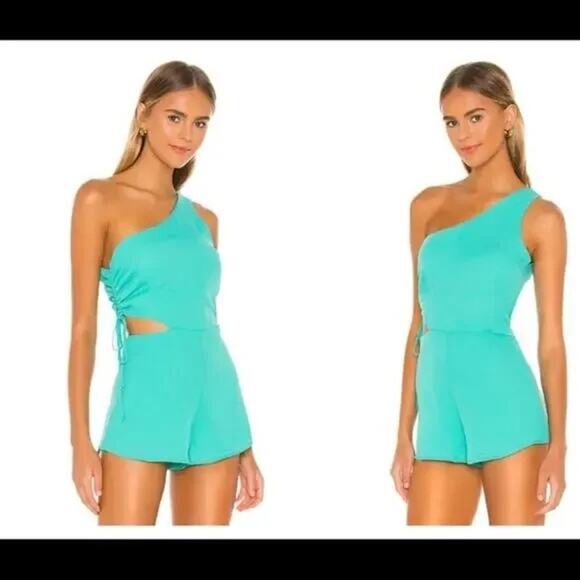 Superdown Turquoise Aimey One Shoulder Side Cut-out Ruched Summer Party Romper L - Picture 1 of 9